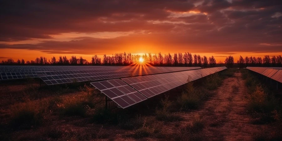 Sun sets on renewable energy futuristic landscape generated by AI