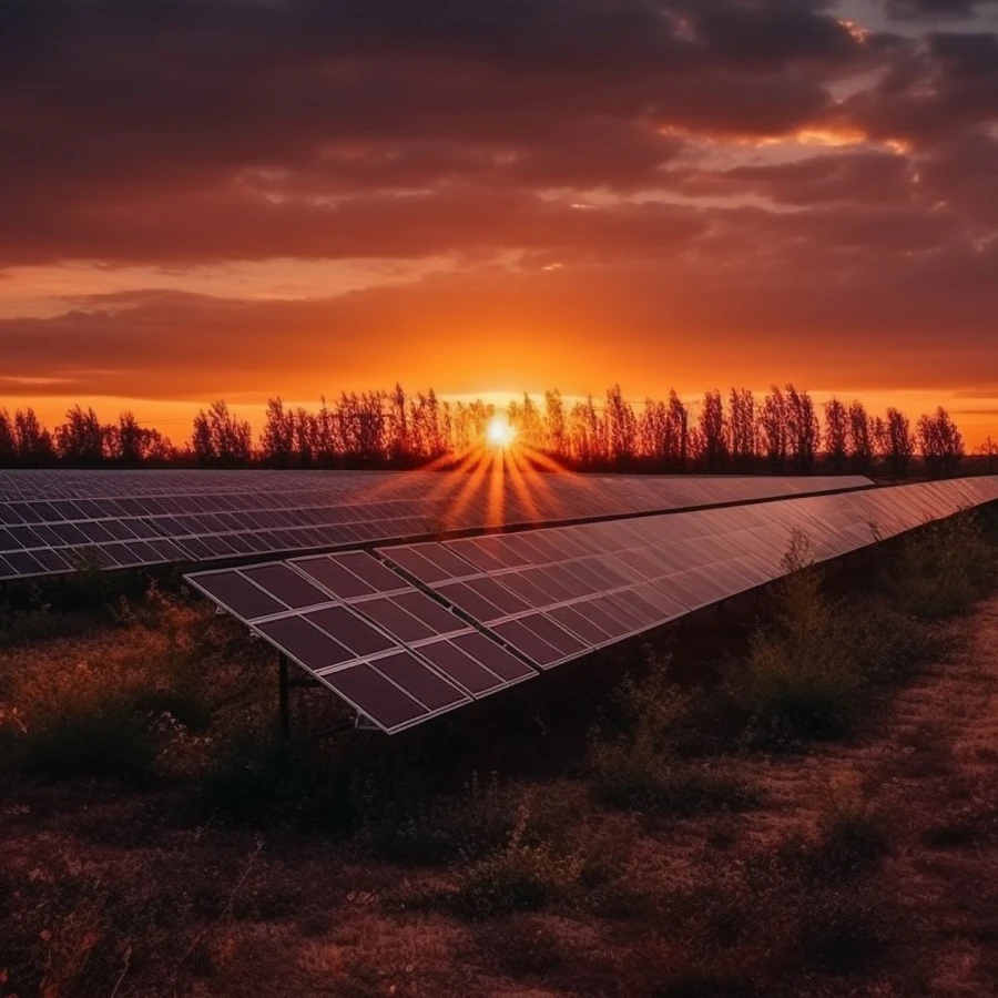 Sun sets on renewable energy futuristic landscape generated by AI